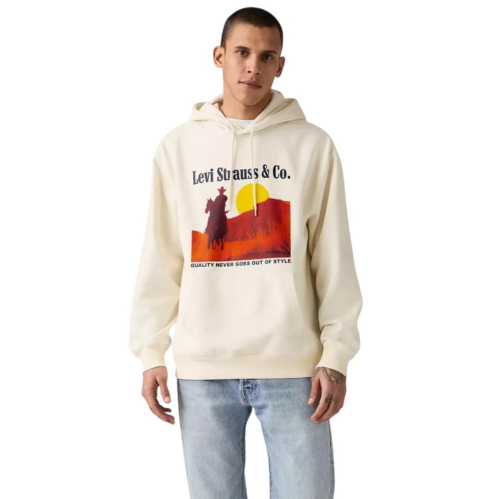 Levi's Men's Cream Cowboy Western Inspired Graphic Relaxed Fit Hoodie Size S